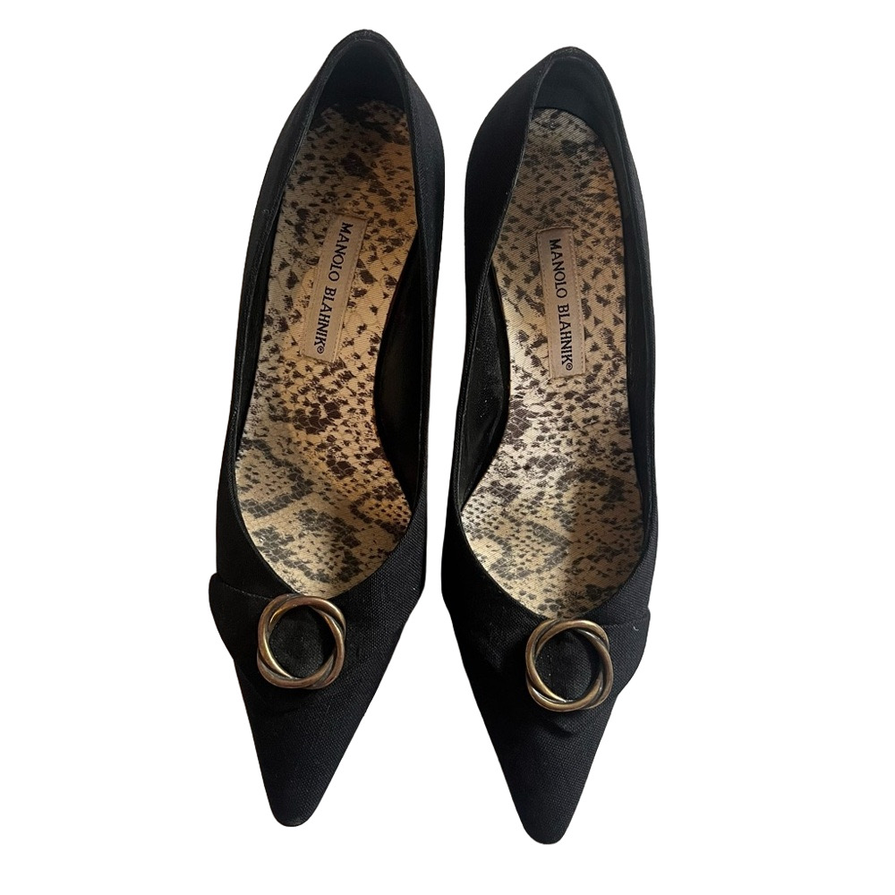 Manolo Blahnik Black Pointed Toe Flats with Gold Ring Accent